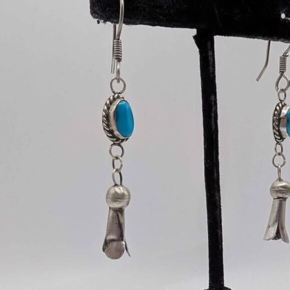 Vintage Native American Turquoise Squash Blossom Dangle Sterling Silver Earrings - Picture 3 of 5